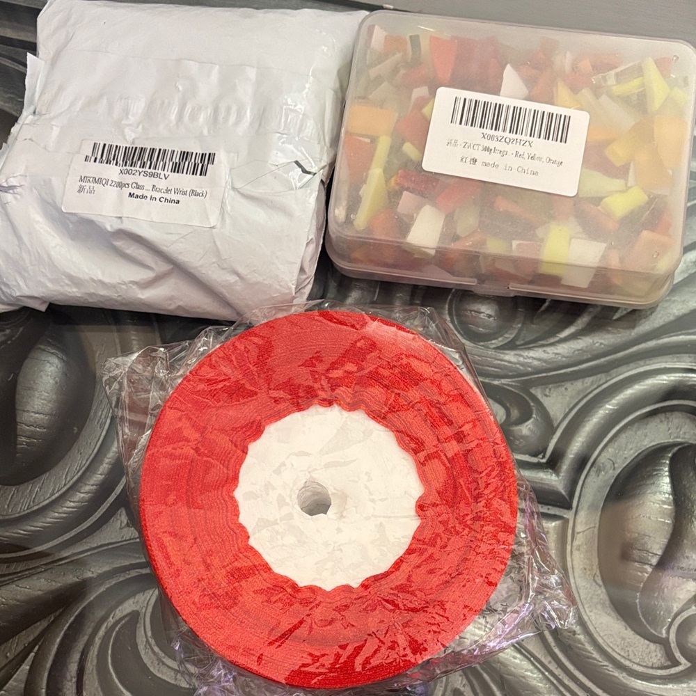 Bundle of Crafting Supplies Red Party Streamer Mosaic Pieces Black Seed Beads